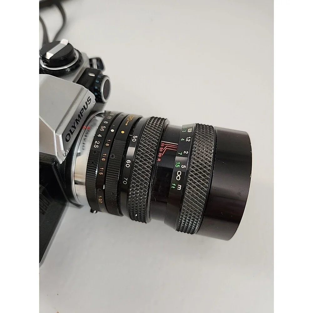 Vintage Olympus OM-10 35mm film Camera Soligor 70mm F2.5/3.5 Lens And winder